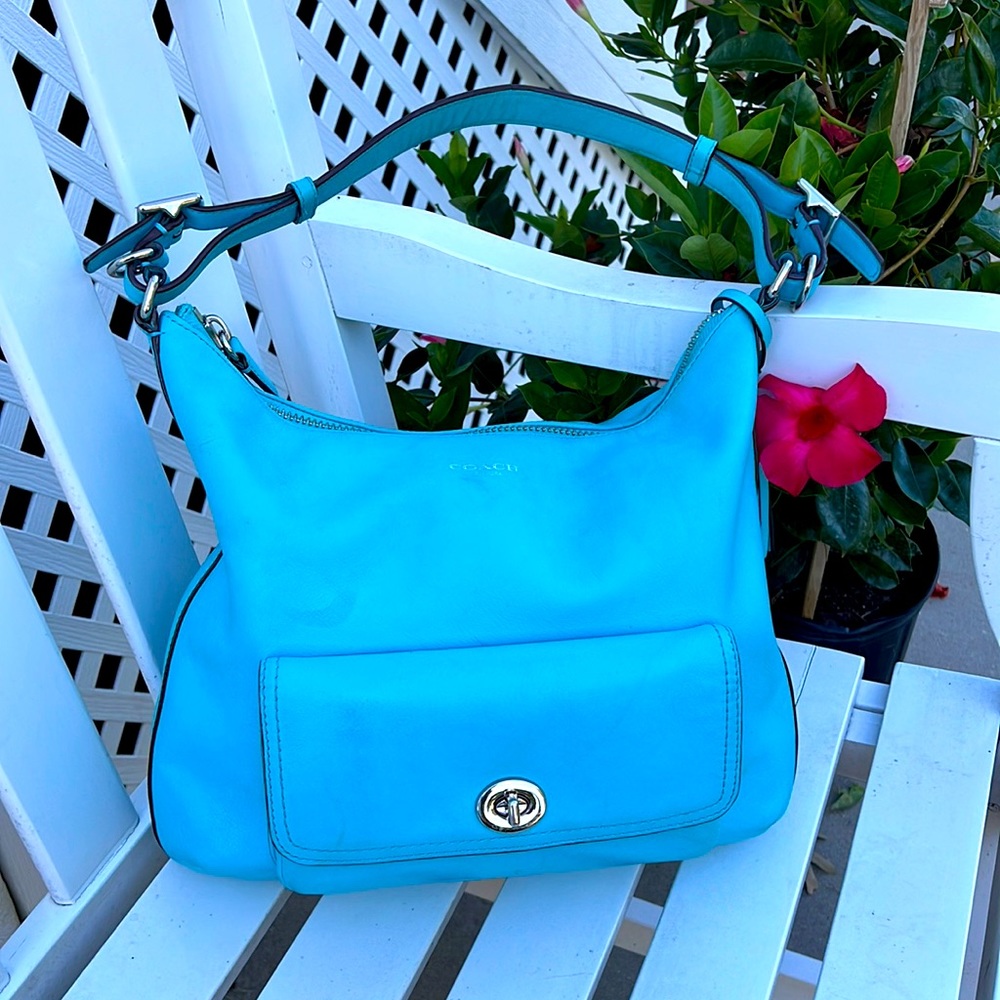 Coach 22381 Legacy Courtney Blue Leather Tassel Shoulder Hobo Crossbody Bag